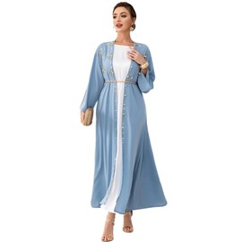 IDOPIP Muslim Abayas for Women Long Sleeve Open Front Cardigan with Belt Rhinestone Applique Maxi Kaftan Dress Islamic Dubai Robe Middle East Loose Full Cover Cardigan Prayer Dress Clothes Blue XL