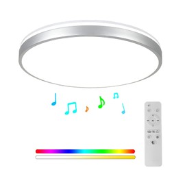 HOREVO Bathroom Ceiling Light with Remote Control with Bluetooth Speaker, 24W Diammble Color Changing, LED Flush Mount Shower Light Fixture for Living Room, Bedroom, Kitchen Silver, (Need Wired)