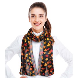 CBC Crown Autumn Fall Leaves Leaf Pattern Silky Feel Scarf 13"x60" or 35"x35" (Small Maple Leaves - BK - 13"x60")