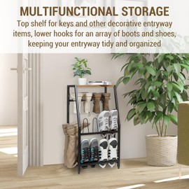 MyGift Acacia Wood & Black Metal Entryway Organizer: 2-in-1 Shoe Rack with Shelf & Boot Storage for 8 Pairs - Rustic Modern Entry Table with Adjustable Feet (Foyer/Mudroom/Garage)