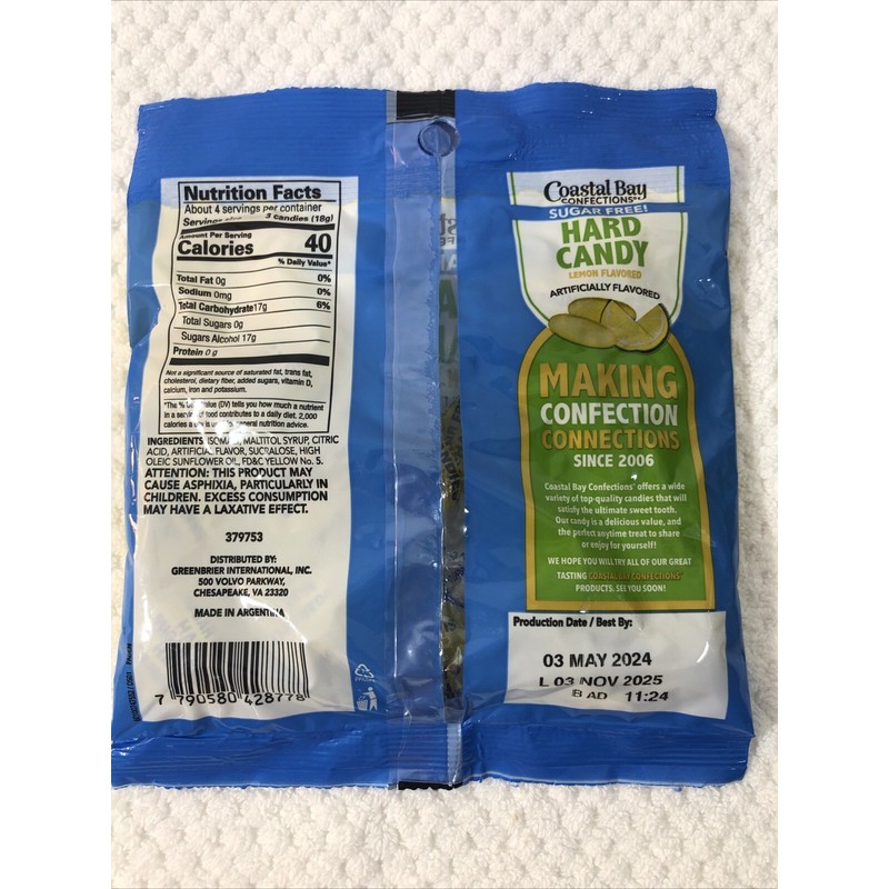 COASTAL BAY "SUGAR FREE" LEMON 🍋 FLAVOR HARD CANDY 2.75oz