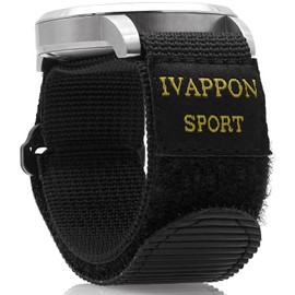 IVAPPON Sport Watch Band, Hook and Loop Nylon Strap, 20mm Width, Drop Prevention Design, Black & Black Plastic Buckle,Standard size