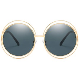 Dollger Round Sunglasses for Women Men Vintage Shades Oversized Sunglasses Metal Double Circle Wire Frame, Black