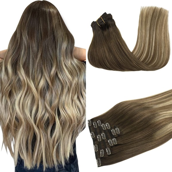 GOO GOO Clip in Hair Extensions Walnut Brown to Ash Brown and Bleach Blonde Remy Human Hair Extensions Clip in Real Hair Extensions Natural Straight Extensions 14 Inch 120g