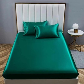 Luowei Fitted Sheet 160 x 200 cm Dark Green Satin Silk Shiny Bed Sheet Comfortable Luxurious Plain Fitted Sheet for High Mattress up to 25-30 cm