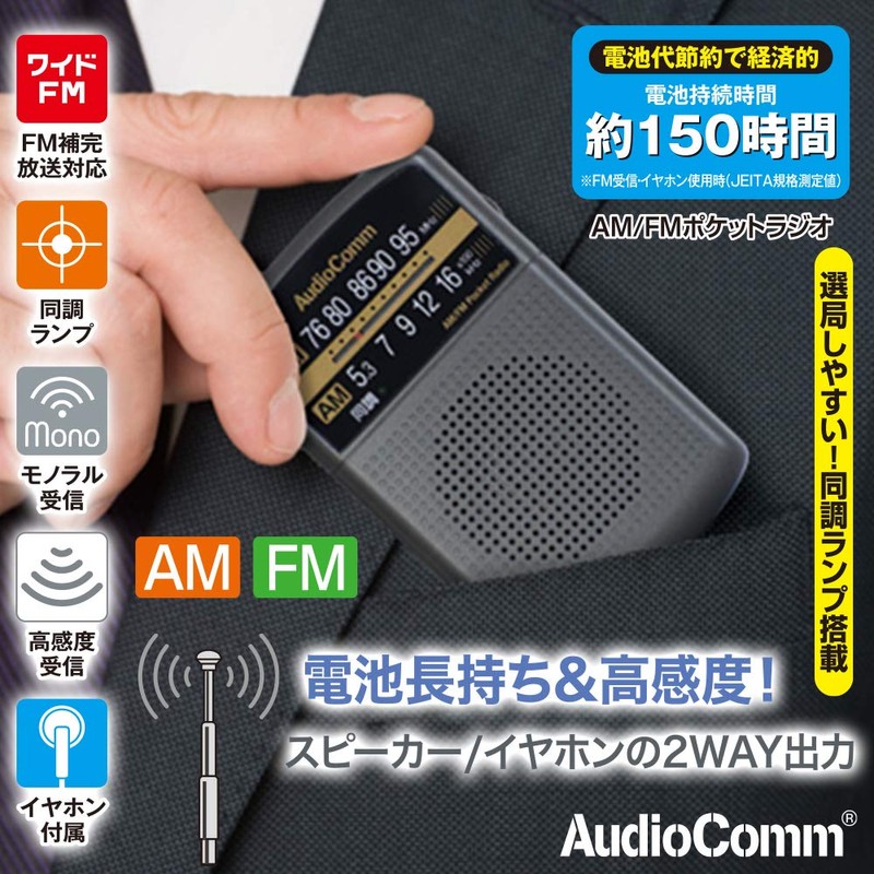 Ohm Electric AudioComm AM/FM Pocket Radio, Gray RAD-P135N-H 03-5532 OHM