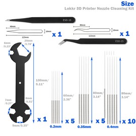 Lokkr 3D Printer Nozzle Cleaning Kit, 15 Nozzle Cleaning Pins with Storage Box(0.2mm x5 0.35mm x5 0.4mm x10), 2 Types Sophisticated Tweezers and 5 in 1 Wrench Tool for Ender 3/3D Printer Accessories