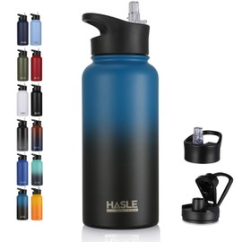 HASLE OUTFITTERS 32 oz Insulated Water Bottle Stainless Steel Double Walled Vacuum Sports Water Bottle with 2 Lids (Straw and Spout Lid) for Gym Camping Hiking(Blue Black Gradient,1)