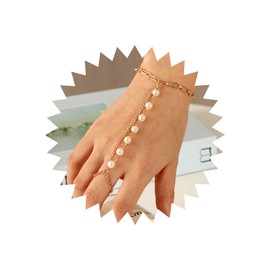 TseenYi Boho Pearl Slave Ring Bracelet Vintage Pearl Finger Bracelet Gold Pearl Finger Ring Bracelet Layered Pearl Hand Wrist Chain Handpiece Jewellery for Women and Girls Gifts, High-quality alloy