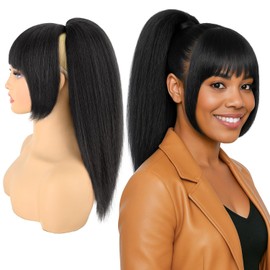 Allyreetress Black Ponytail with Bangs for Black Women,Yaki Drawstring Ponytail Extension,Clip-in Bangs,Natural-Looking Ponytail Wig for Daily & Party(1B)