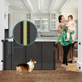 Reinforced 60" Wide Retractable Baby Gates with Upgraded Rods - Bottom Anti-Escape, 5 ft Mesh Baby Gate Retractable Dog Gate Indoor Pet Gate Retractable Stair Gate Outdoor Retractable Gate, Black