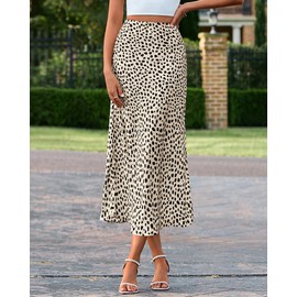 BTFBM Satin Skirts for Women 2025 Fall High Waisted A-Line Leopard Print Cocktail Wedding Long Silk Summer Midi Skirt(Apricot Black, Small)
