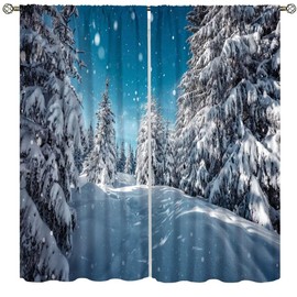 Winter Forest Curtains,Snow Scene Nature Woodland 3D Printed Window Treatments for Bedroom Living Room Kitchen Office Drapes 2 Panels Set,Total Size 42 x 45 Inch