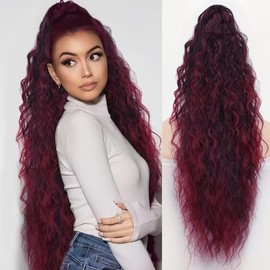 ORSUNCER Ponytail Extension Claw 30" Curly Pony Tail Clip in Claw Hair Extensions Fluffy Natural Looking Synthetic Hairpiece for Women Omber Burgundy
