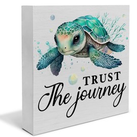 Rustic Trust the Journey Beach Wooden Box Sign Desk Decor, Sea Turtle Wood Block Sign Home Beach House Tabletop Shelf Desk Decoration, 5 X 5 Inches