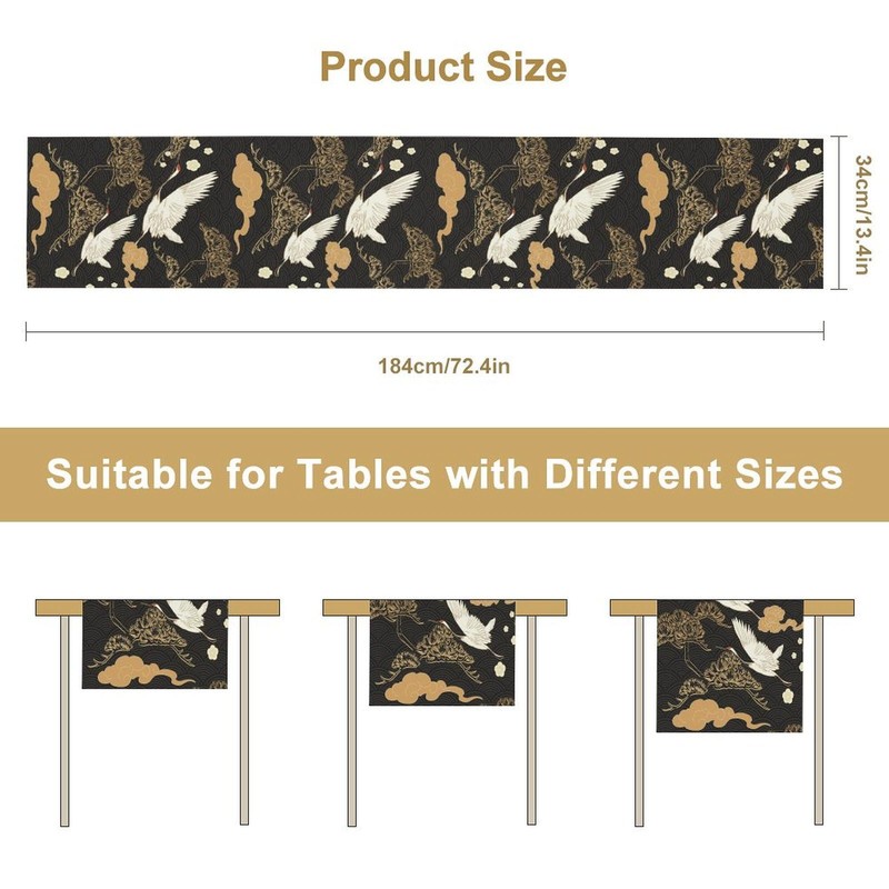 Crane Table Runner, Vintage Luxury Black Golden Asian Japanese Abstract