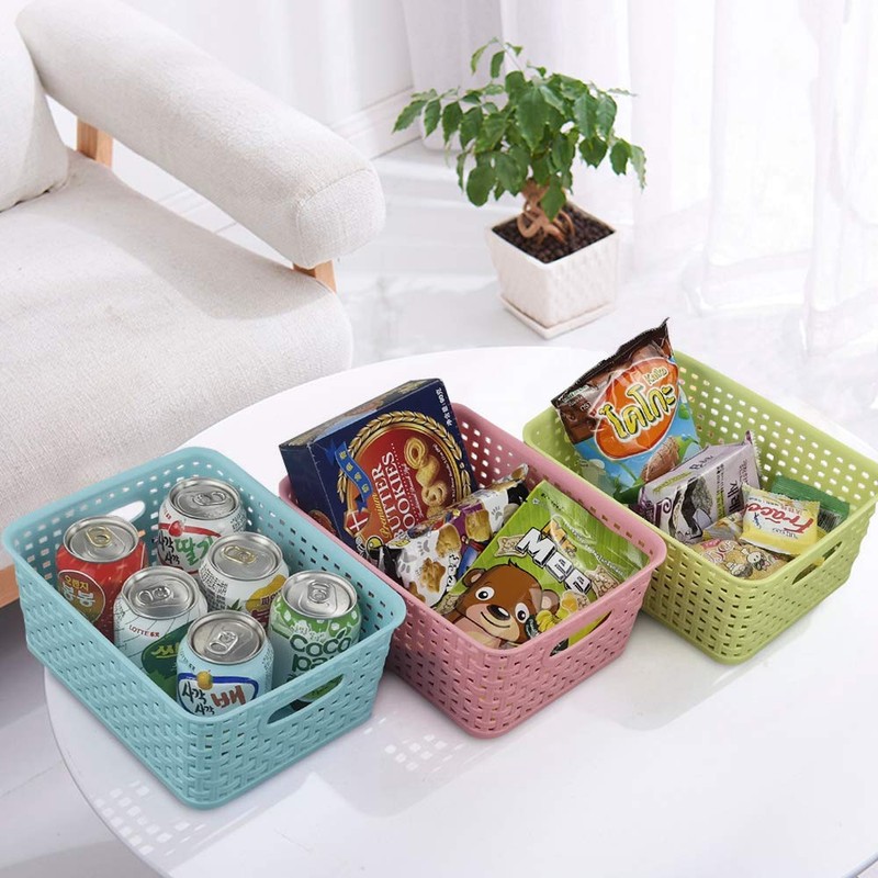Rinboat Muti-Colour Rectangle Plastic Weave Storage Shelf Baskets, Pack of