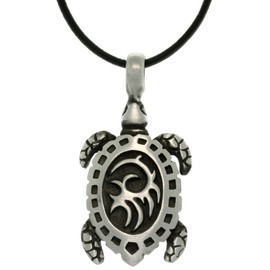Jewelry Trends Pewter Turtle with Tribal Shell Pendant on 18 Inch Black Leather Cord Necklace