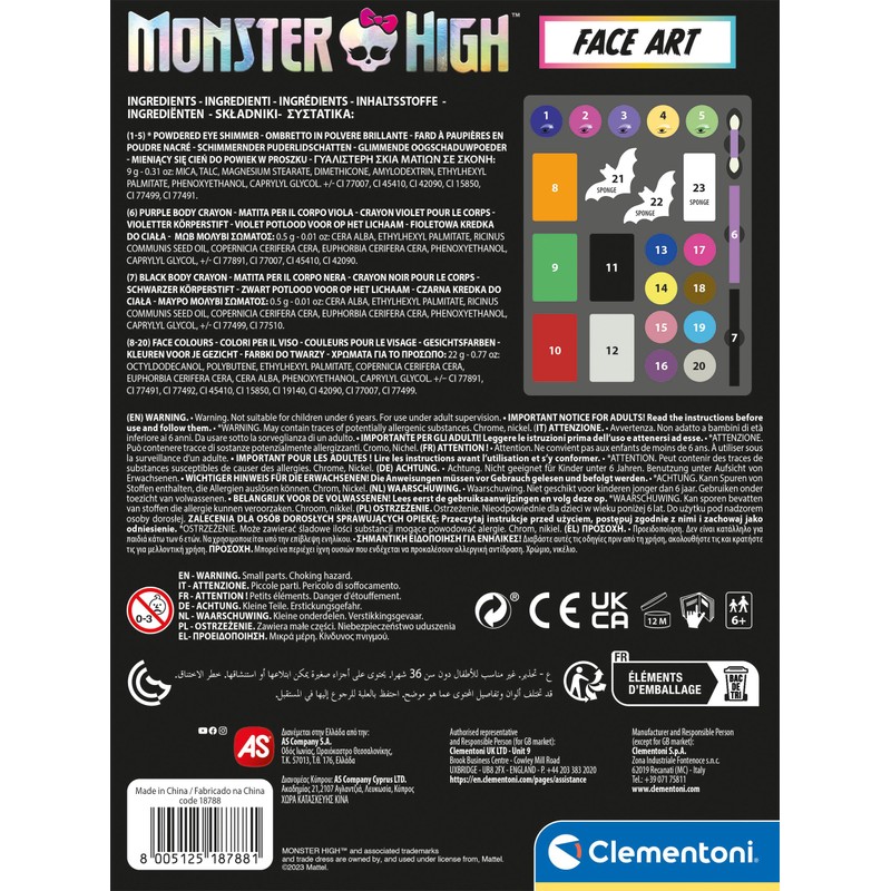 Clementoni 18788 Monster High Face Art Washable Make up Kit