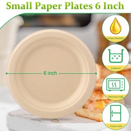 Greconv 300 Pack Small Compostable Paper Plates, 6 inch, Dessert, Brown | Greconv