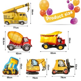 6Pcs Car Balloons Party Balloons, excavator balloons, XXL bulldozer balloons, wheel loader foil balloons, tractor foil giant construction balloons, for Car Themed Birthday Party Decorations