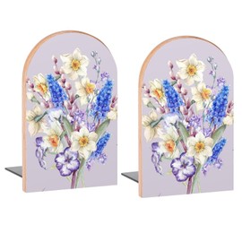 Vintage Butterfly on Bouquet Flowers Book Ends Decorative Wood Bookends for Shelves Kids Room Desk Home Office Book Stoppers for Magazines,Books, DVDs, 1 Pair/2 Pieces(5x3.1 in)