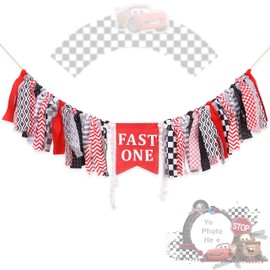 Fast One Birthday Banner - Cartel para silla alta con diseño de coche de carreras, color negro y rojo, para primera fiesta de cumpleaños infantil (uno rápido)