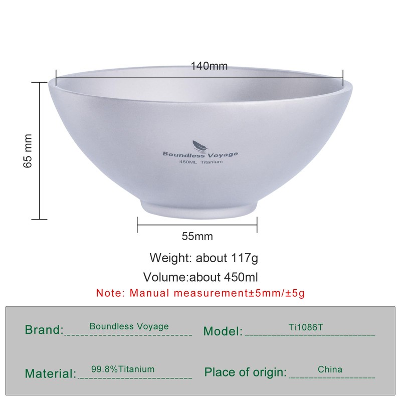 Boundless Voyage Outdoor Titanium Double-Wall Bowl Camping Hiking Picnic Home