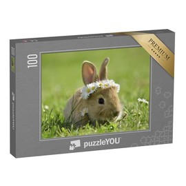 puzzleYOU: Jigsaw Puzzle 100 Piece Cute Little Rabbit with Daisy Wreath - From the Rabbit Puzzle Collection