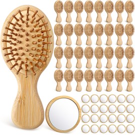 48 Pack Mini Bamboo Hair Brush and Wooden Makeup Mirror Set, Oval
