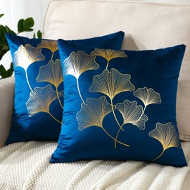JOTOM Set of 2 Cushion Covers 45x45cm Cozy Velvet Decorative Throw Pillow Covers Gold Ginkgo Leaves Bronzing Pillow Cases Square Cushion Cover for Couch Bedroom Living Room Sofa Car Decor (Navy)