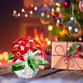 H&D HYALINE & DORA Handcrafed Crystal Cut Figurine Gifts,Crystal Poinsettia and Blue Standing Dragonfly Home Collection Paperweights