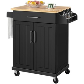 Yaheetech Kitchen Island Cart with Spice Rack Storage Rolling Kitchen Cart with Towel Rack & Drawer for Dining Room/Kitchen/Living Room - Color: Black
