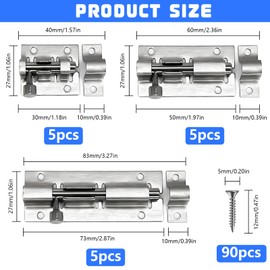 NINGYER 15 Pieces Door Bolt Stainless Steel Deadbolt Lock with 90 Screws Door Bolt Sliding Lock for Garden Gate Bathroom Sheds Windows (3 Sizes)