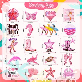 20Pcs Coastal Cowgirl Iron on Patches Summer Beach Embroidered Patches for Hats Ocean Sew on Patches for Backpacks Clothes Jeans（Pink）