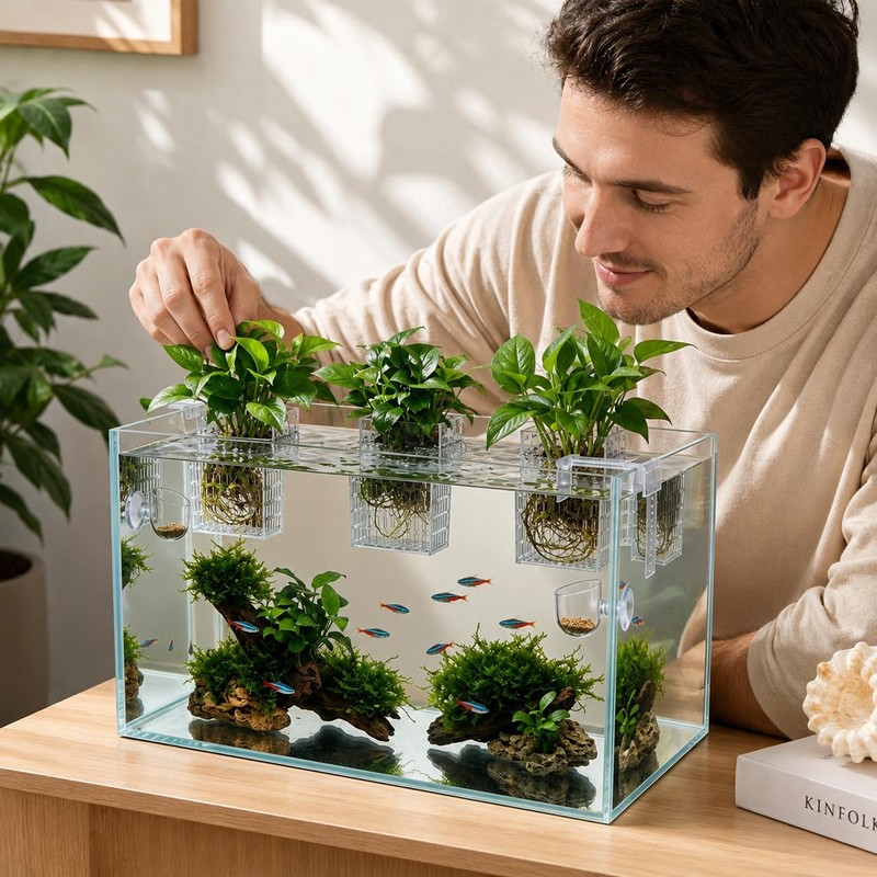 4 Pcs Hanging Aquarium Plant Holder with Feeders, Adjustable Height