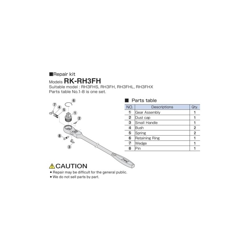 TONE Ratchet Handle Repair Kit RK-RH3FH Drive: 0.37 inches (9.5