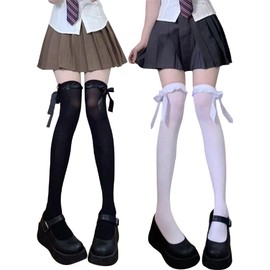ssetoy Women's Knee High Socks, Lace, Over-the-Knee Socks, Sexy, Black, White, Floral Lace, Knee High with Lace, Cute, Lolita Costume, Bowknot, Ribbon, Beautiful Legs, High Socks, Plain Socks, Socks