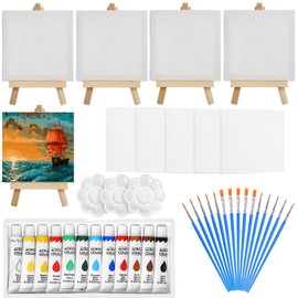 Mini Canvas and Easel, 45 Pcs Canvas Painting Set, Mini CanvasPainting Set for Oil Painting, Acrylic Painting, Watercolour, 10 x 10 cm