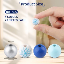 80 PCS Wooden Beads for Craft, 16mm Christmas Wood Beads Snowflake Craft Bead Blue White Wood Beads for Xmas Tree Hanging Decoration Winter Holiday Garland Making DIY Craft Supplies(Style 3)