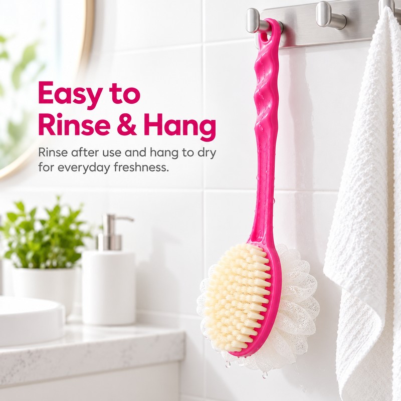 2-in-1 Long Handle Bath Brush with Soft Loofah & Bristles,