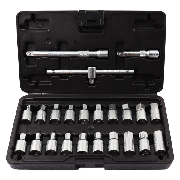 BILITOOLS 23-Piece Drain Plug Socket Set, 3/8" Drive Oil Drain