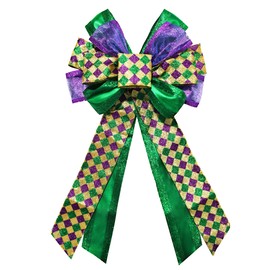 LINGMIN Mardi Gras Wreath Bows, Purple Green Glitter Plaid Mardi Gras Bows for Wreaths Large Mardi Gras Decor Bow for Mardi Gras Carnival Home Garden Indoor Outdoor Decoration Wreath Ornament Supplies