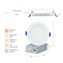 PROCURU Professional 4-Pack 4-Inch 2700K-6000K 5CCT 9W LED, Baffle Style, Heavy Duty Ultra-Thin Recessed Ceiling Slim Downlight, Dimmable, White Trim (VSB45W-4P)
