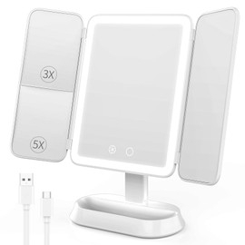 Makeup Mirror with Lights, 1X/3X/5X Magnification Vanity Mirror, 3 Colors Dimmable Soft Light 360° Rotation Smart Touch | Rechargeable Portable Trifold Mirror for Travel/Dorm/Room, Gift for Women