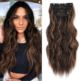 BUPPLER Clip in Hair Extensions 20 Inch Long Wavy Curly Hair Extensions for Thin Hair 4PCS Full Head Synthetic Hair Extension Clips(Black Brown with highlights)