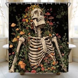AYDSMYD Sugar Skull Floral Shower Curtain Gothic Spooky Halloween Floral Skeleton Plant Vintage Mystical Home Fabric Bathroom Decor Set Include Hooks,70" WX70 H