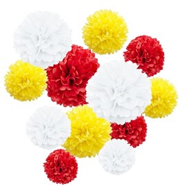 ZYOOO 12pcs Red Yellow White Tissue Paper Pom Poms,Hanging Paper Pompoms Decorations for Birthdays, Wedding, Fall Party Decorations