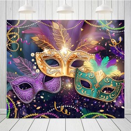 Canessioa Masquerade Prom Backdrop Retro Gold Mask Carnival Birthday Fiesta Mardi Gras Photo Backdrop Pearl Feather Mask Dance Floor Party Decoration Props 10x8ft (300x240cm) Vinyl