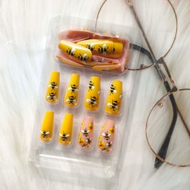Long Press on Nails Summer Bee Designs Coffin Fake Nails 3d Embossed Big Bee Yellow Flower False Nails Spring Bright Flower Full Cover Acrylic Nails Artificial Ballet Nail Set for Women